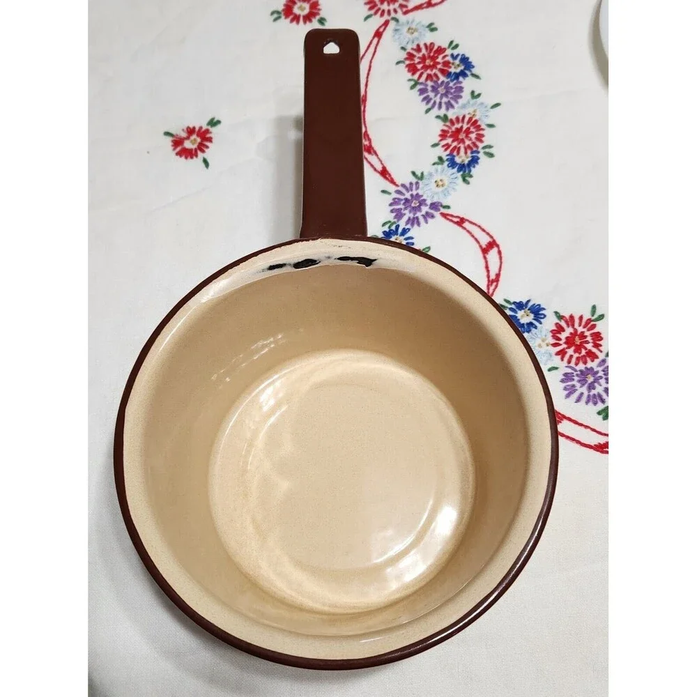 Set of 2 Enamelware Sauce Pans Light Speckle Beige & Brown Enamel